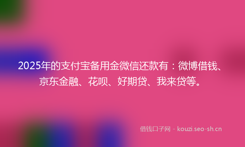 2025年的支付宝备用金微信还款有：微博借钱、京东金融、花呗、好期贷、我来贷等。