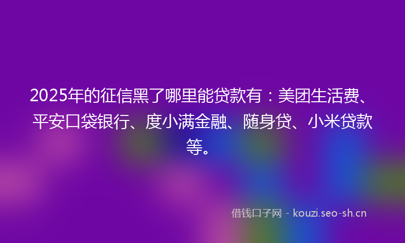 2025年的征信黑了哪里能贷款有：美团生活费、平安口袋银行、度小满金融、随身贷、小米贷款等。