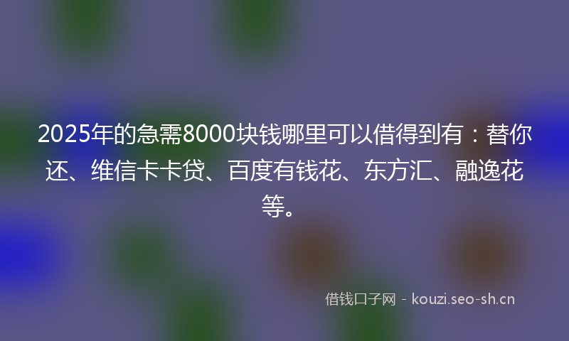2025年的急需8000块钱哪里可以借得到有：替你还、维信卡卡贷、百度有钱花、东方汇、融逸花等。
