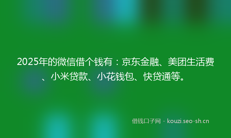 2025年的微信借个钱有：京东金融、美团生活费、小米贷款、小花钱包、快贷通等。