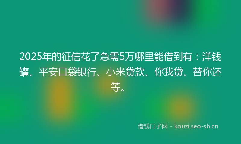 2025年的征信花了急需5万哪里能借到有：洋钱罐、平安口袋银行、小米贷款、你我贷、替你还等。