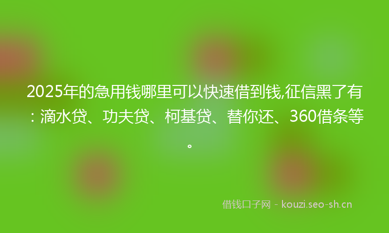 2025年的急用钱哪里可以快速借到钱,征信黑了有：滴水贷、功夫贷、柯基贷、替你还、360借条等。