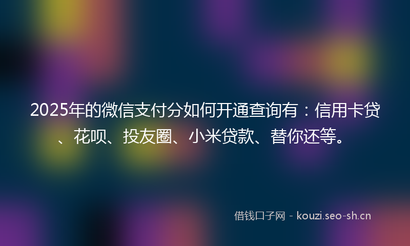 2025年的微信支付分如何开通查询有：信用卡贷、花呗、投友圈、小米贷款、替你还等。