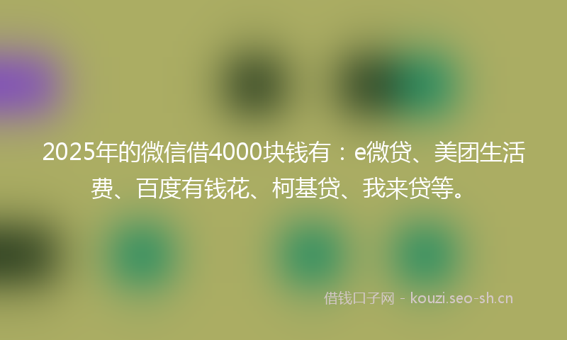 2025年的微信借4000块钱有:e微贷、美团生活费、百度有钱花、柯基贷、我来贷等。