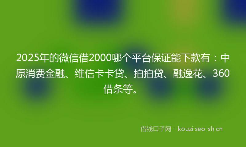 2025年的微信借2000哪个平台保证能下款有：中原消费金融、维信卡卡贷、拍拍贷、融逸花、360借条等。