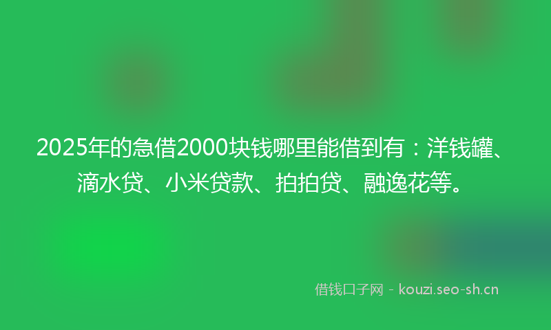 2025年的急借2000块钱哪里能借到有：洋钱罐、滴水贷、小米贷款、拍拍贷、融逸花等。