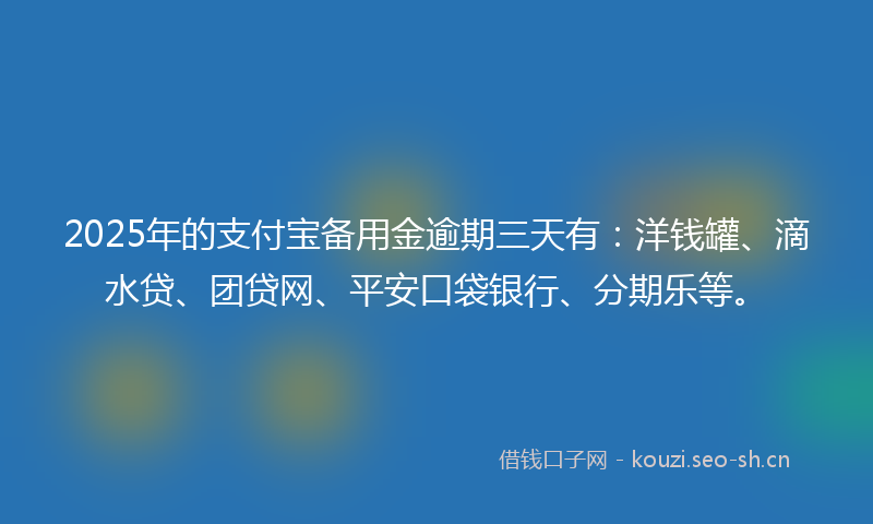 2025年的支付宝备用金逾期三天有：洋钱罐、滴水贷、团贷网、平安口袋银行、分期乐等。