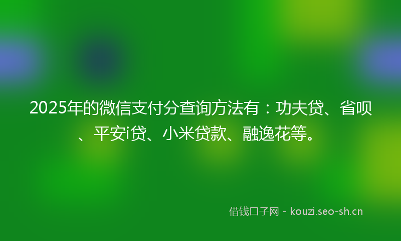 2025年的微信支付分查询方法有:功夫贷、省呗、平安i贷、小米贷款、融逸花等。
