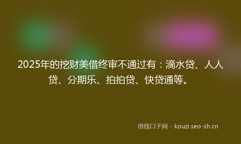 2025年的挖财美借终审不通过有：滴水贷、人人贷、分期乐、拍拍贷、快贷通等。