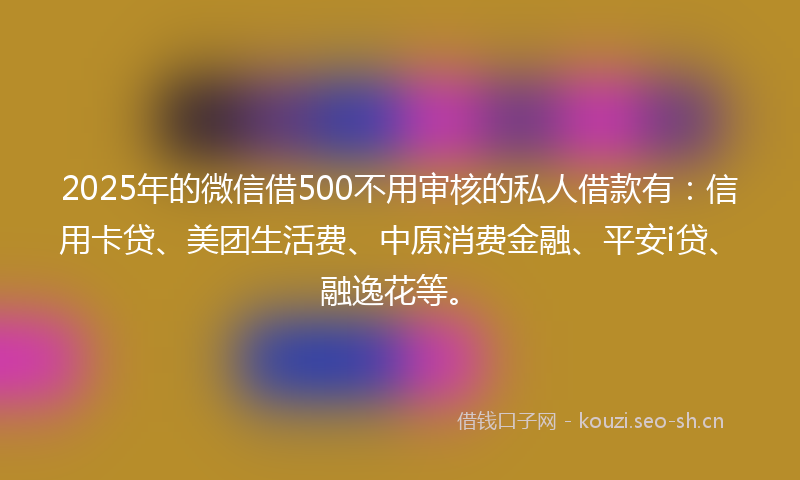 2025年的微信借500不用审核的私人借款有：信用卡贷、美团生活费、中原消费金融、平安i贷、融逸花等。