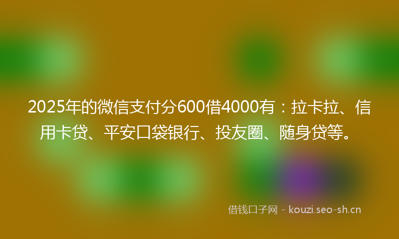 2025年的微信支付分600借4000有：拉卡拉、信用卡贷、平安口袋银行、投友圈、随身贷等。