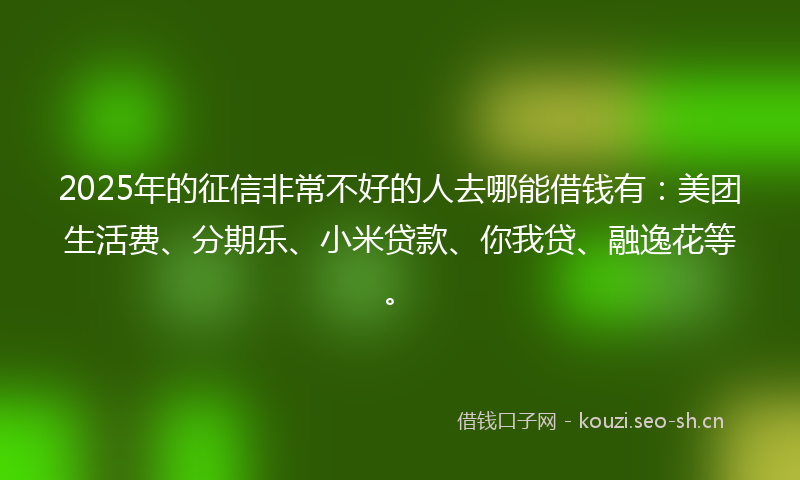2025年的征信非常不好的人去哪能借钱有：美团生活费、分期乐、小米贷款、你我贷、融逸花等。
