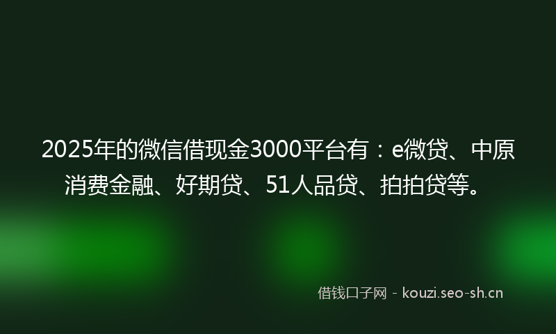 2025年的微信借现金3000平台有：e微贷、中原消费金融、好期贷、51人品贷、拍拍贷等。