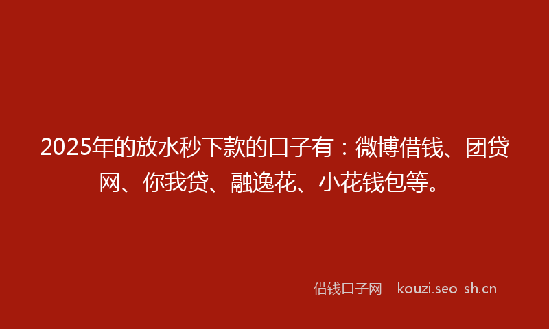 2025年的放水秒下款的口子有：微博借钱、团贷网、你我贷、融逸花、小花钱包等。