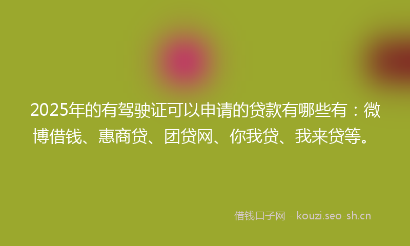 2025年的有驾驶证可以申请的贷款有哪些有：微博借钱、惠商贷、团贷网、你我贷、我来贷等。