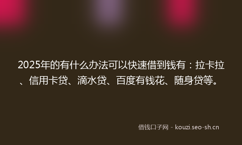 2025年的有什么办法可以快速借到钱有：拉卡拉、信用卡贷、滴水贷、百度有钱花、随身贷等。