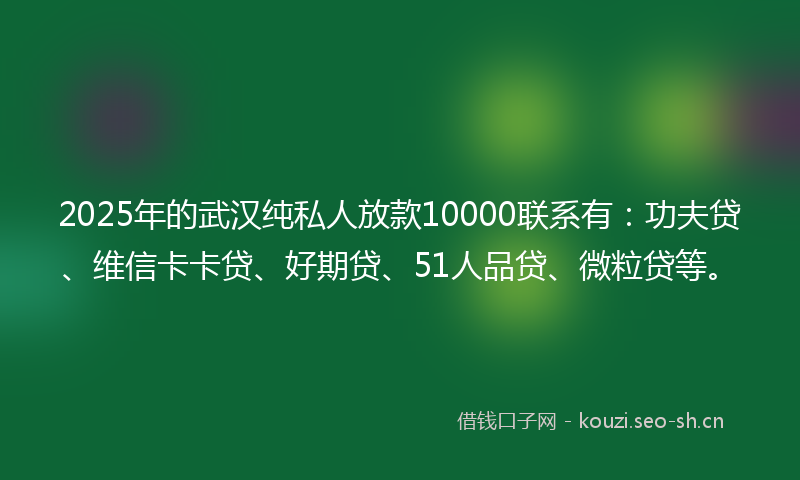 2025年的武汉纯私人放款10000联系有:功夫贷、维信卡卡贷、好期贷、51人品贷、微粒贷等。