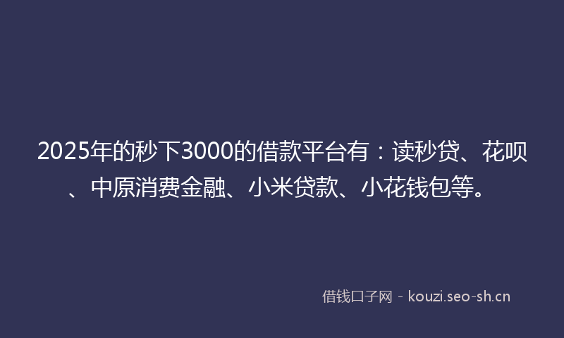 2025年的秒下3000的借款平台有：读秒贷、花呗、中原消费金融、小米贷款、小花钱包等。