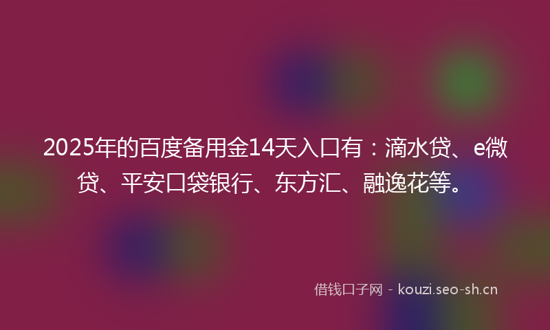 2025年的百度备用金14天入口有：滴水贷、e微贷、平安口袋银行、东方汇、融逸花等。