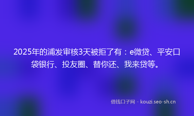 2025年的浦发审核3天被拒了有：e微贷、平安口袋银行、投友圈、替你还、我来贷等。