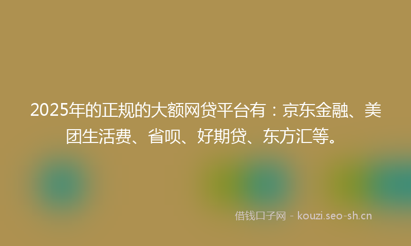 2025年的正规的大额网贷平台有：京东金融、美团生活费、省呗、好期贷、东方汇等。
