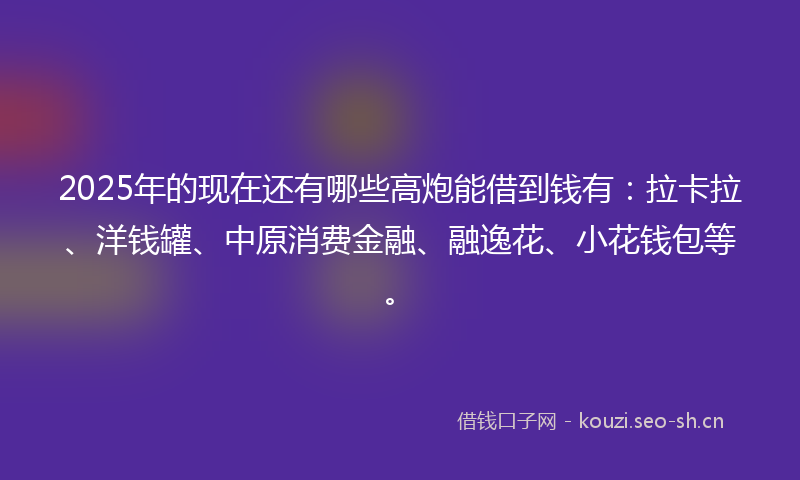 2025年的现在还有哪些高炮能借到钱有：拉卡拉、洋钱罐、中原消费金融、融逸花、小花钱包等。