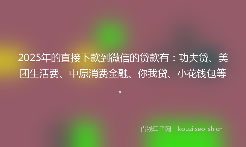 2025年的直接下款到微信的贷款有：功夫贷、美团生活费、中原消费金融、你我贷、小花钱包等。