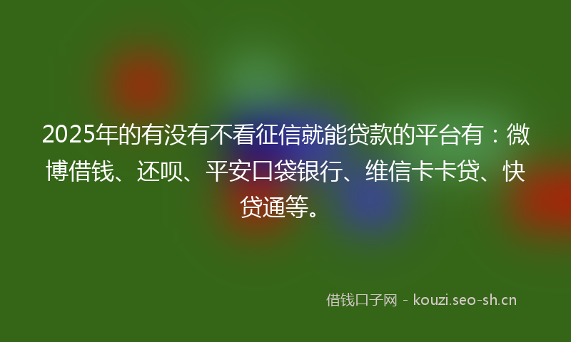 2025年的有没有不看征信就能贷款的平台有：微博借钱、还呗、平安口袋银行、维信卡卡贷、快贷通等。