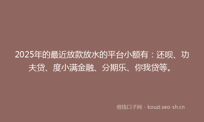 2025年的最近放款放水的平台小额有：还呗、功夫贷、度小满金融、分期乐、你我贷等。