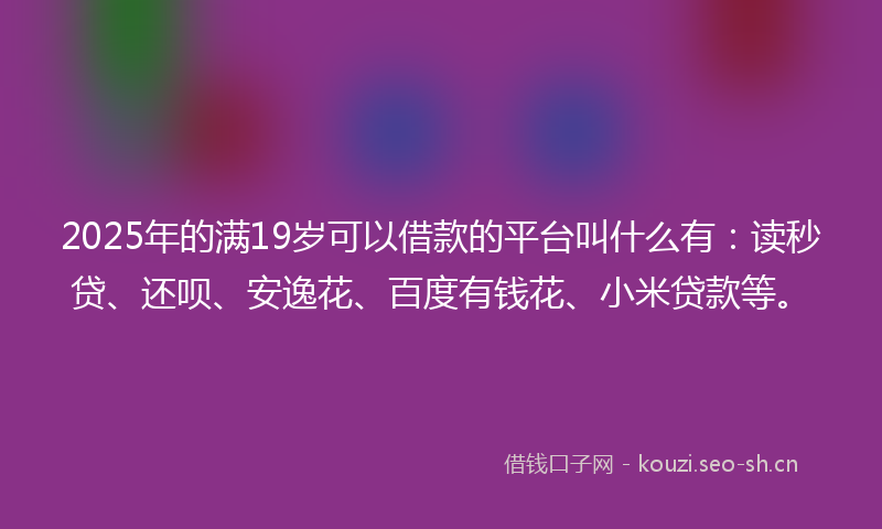 2025年的满19岁可以借款的平台叫什么有：读秒贷、还呗、安逸花、百度有钱花、小米贷款等。