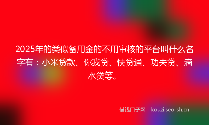 2025年的类似备用金的不用审核的平台叫什么名字有：小米贷款、你我贷、快贷通、功夫贷、滴水贷等。