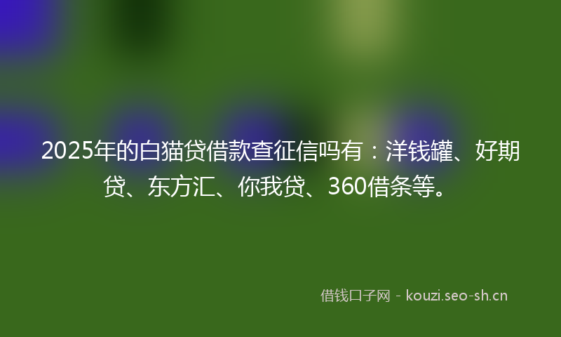 2025年的白猫贷借款查征信吗有：洋钱罐、好期贷、东方汇、你我贷、360借条等。