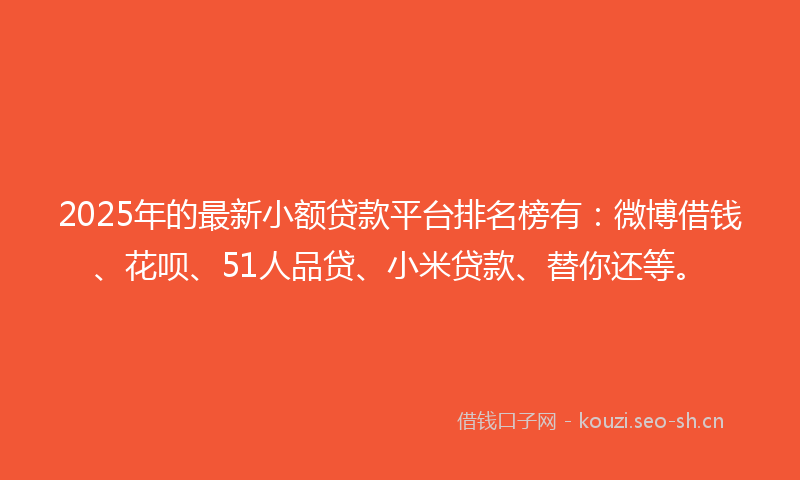 2025年的最新小额贷款平台排名榜有：微博借钱、花呗、51人品贷、小米贷款、替你还等。