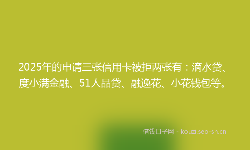 2025年的申请三张信用卡被拒两张有：滴水贷、度小满金融、51人品贷、融逸花、小花钱包等。