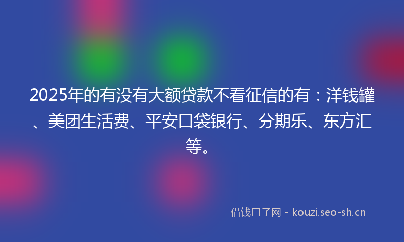 2025年的有没有大额贷款不看征信的有：洋钱罐、美团生活费、平安口袋银行、分期乐、东方汇等。