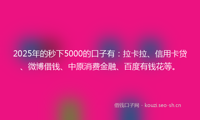 2025年的秒下5000的口子有：拉卡拉、信用卡贷、微博借钱、中原消费金融、百度有钱花等。