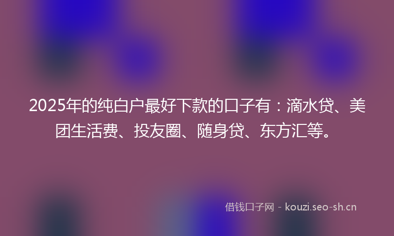 2025年的纯白户最好下款的口子有：滴水贷、美团生活费、投友圈、随身贷、东方汇等。