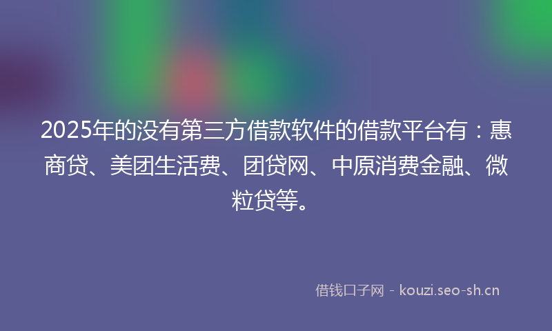 2025年的没有第三方借款软件的借款平台有:惠商贷、美团生活费、团贷网、中原消费金融、微粒贷等。