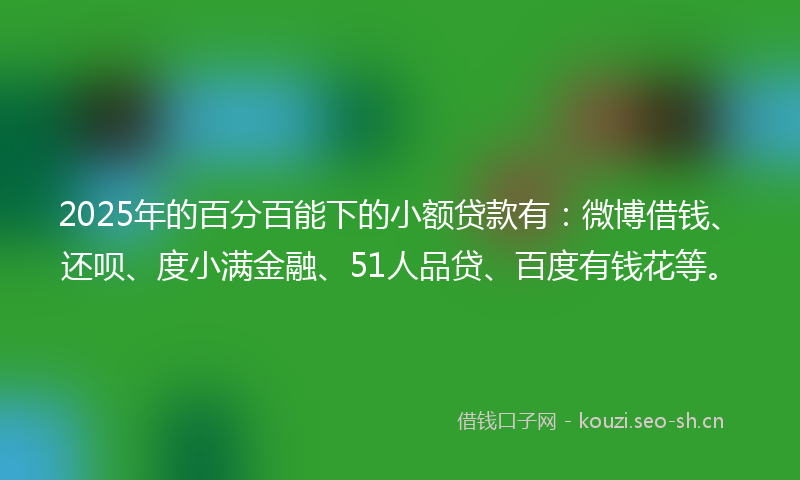 2025年的百分百能下的小额贷款有：微博借钱、还呗、度小满金融、51人品贷、百度有钱花等。
