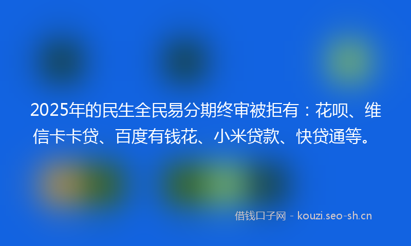2025年的民生全民易分期终审被拒有：花呗、维信卡卡贷、百度有钱花、小米贷款、快贷通等。
