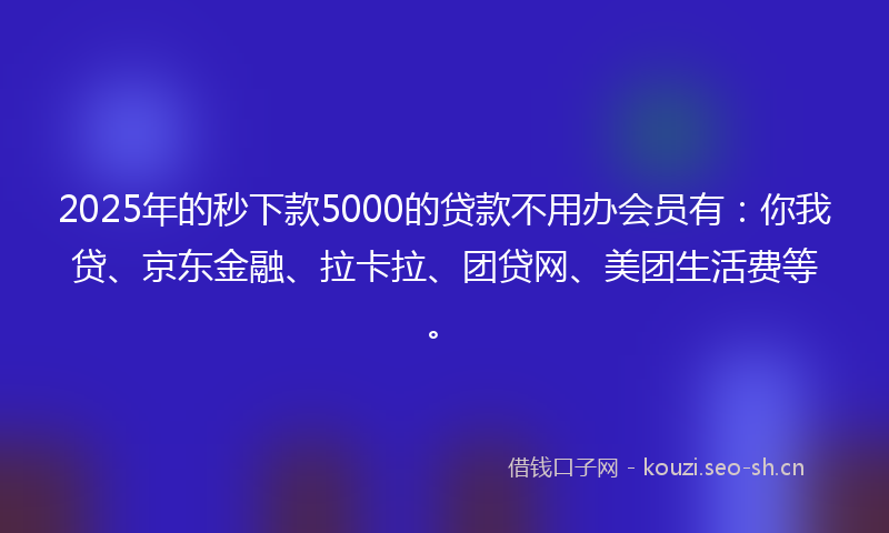 2025年的秒下款5000的贷款不用办会员有：你我贷、京东金融、拉卡拉、团贷网、美团生活费等。