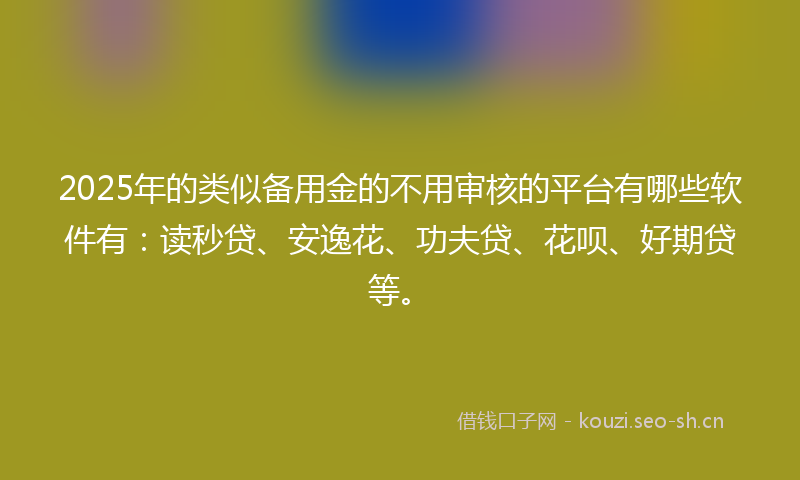2025年的类似备用金的不用审核的平台有哪些软件有：读秒贷、安逸花、功夫贷、花呗、好期贷等。