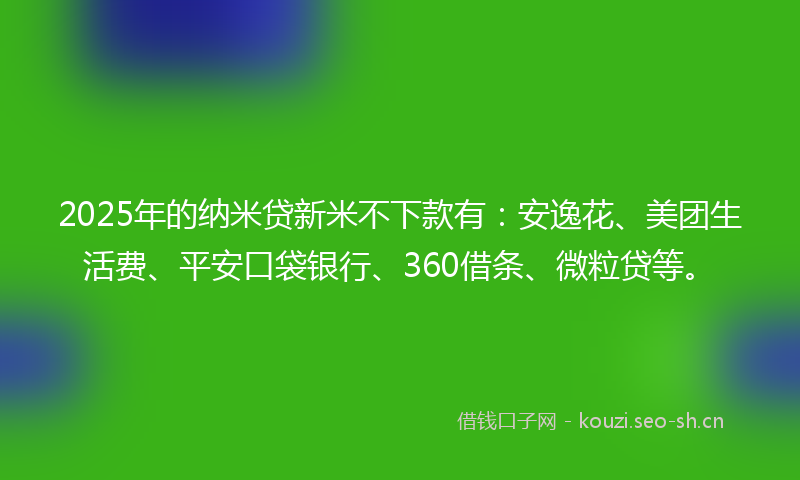 2025年的纳米贷新米不下款有：安逸花、美团生活费、平安口袋银行、360借条、微粒贷等。