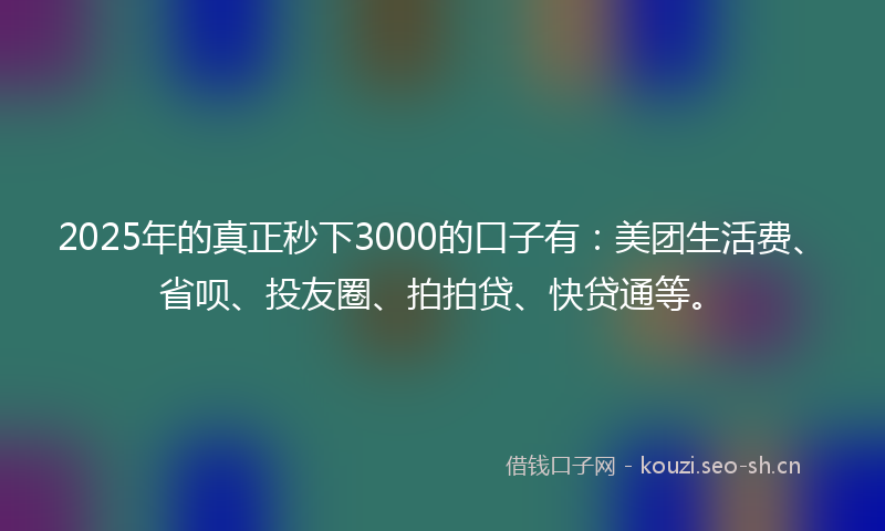 2025年的真正秒下3000的口子有：美团生活费、省呗、投友圈、拍拍贷、快贷通等。