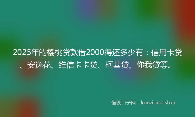 2025年的樱桃贷款借2000得还多少有：信用卡贷、安逸花、维信卡卡贷、柯基贷、你我贷等。