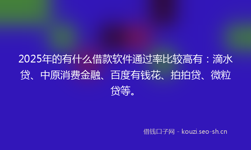 2025年的有什么借款软件通过率比较高有：滴水贷、中原消费金融、百度有钱花、拍拍贷、微粒贷等。