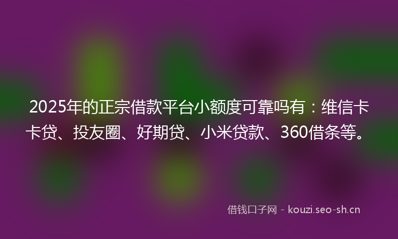 2025年的正宗借款平台小额度可靠吗有：维信卡卡贷、投友圈、好期贷、小米贷款、360借条等。