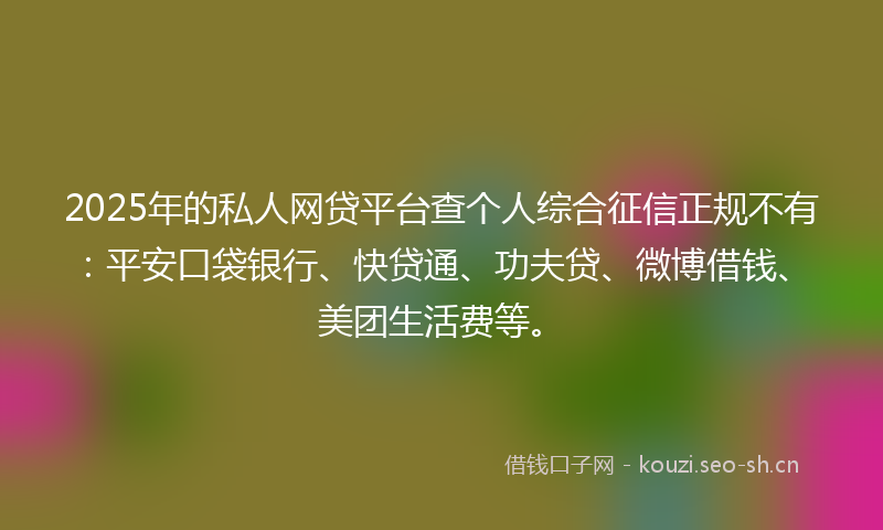 2025年的私人网贷平台查个人综合征信正规不有：平安口袋银行、快贷通、功夫贷、微博借钱、美团生活费等。