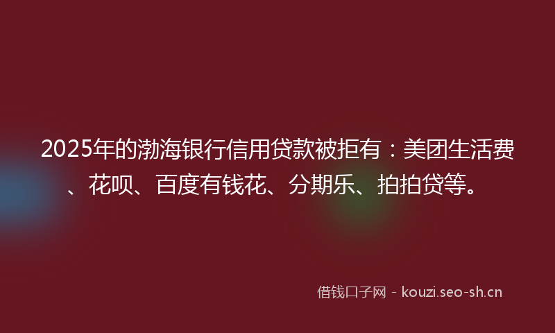 2025年的渤海银行信用贷款被拒有：美团生活费、花呗、百度有钱花、分期乐、拍拍贷等。