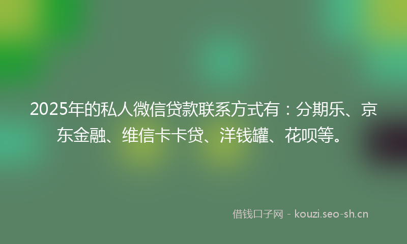 2025年的私人微信贷款联系方式有：分期乐、京东金融、维信卡卡贷、洋钱罐、花呗等。